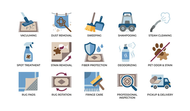 Rug and carpet care icons showing cleaning services on white