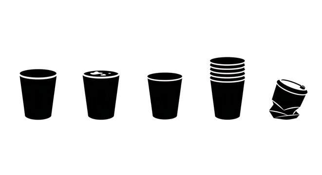 Black silhouettes of disposable coffee cups stacked and crushed