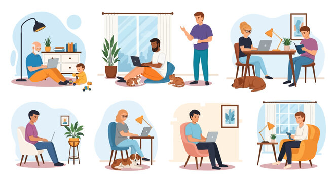 Remote workers, people working from home, office illustrations, flat design, vector icons, 8 elements