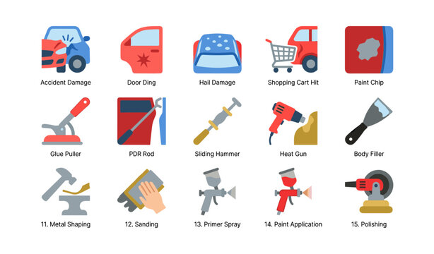 Vehicle damage and repair icons showing tools and steps