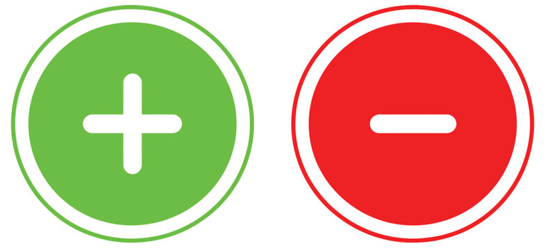 Green plus and red minus icon set featuring circular symbols for add remove positive negative actions in user interface and control design