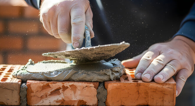 Bricklayer hands spreading mortar on red bricks at construction site