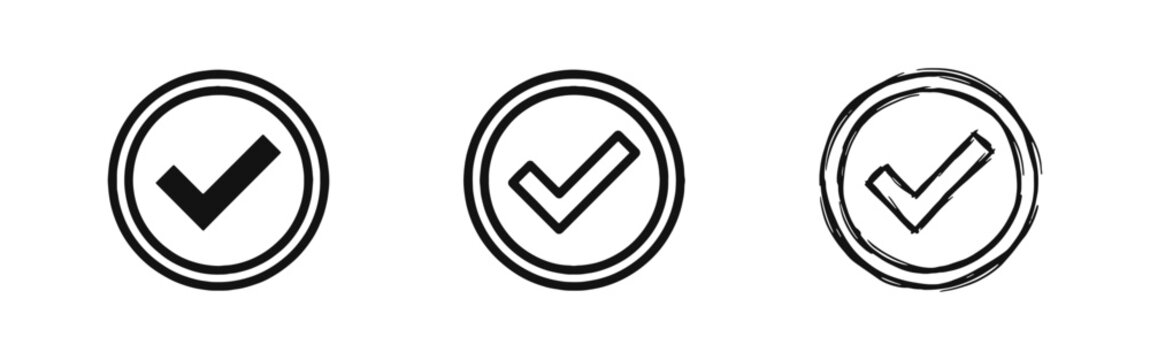 Check mark icons set in solid, outline and hand drawn sketch styles isolated on white background.