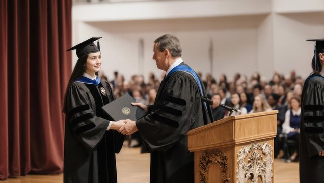 Graduation Ceremony - Student Receiving Diploma on Stage.