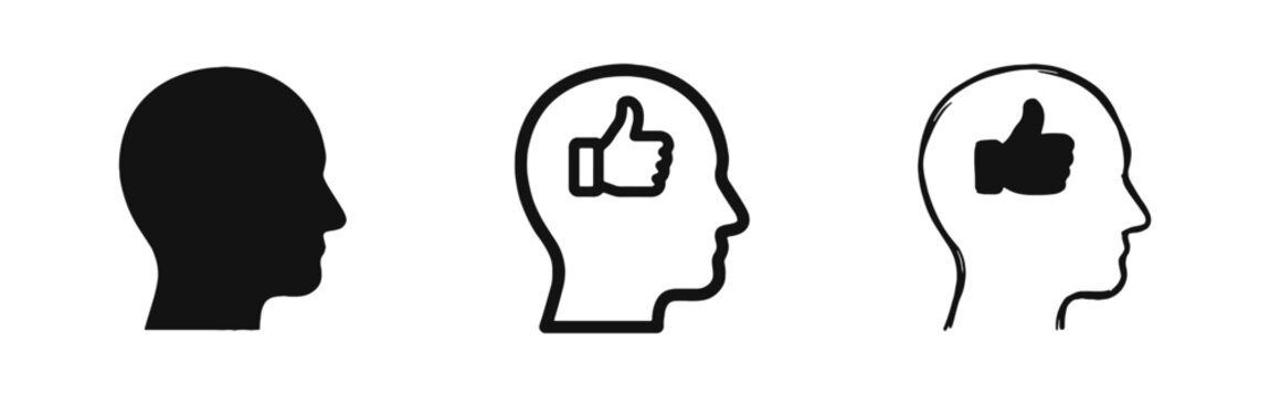 Human head with thumbs up icon representing positive thinking and approval in three graphic styles.