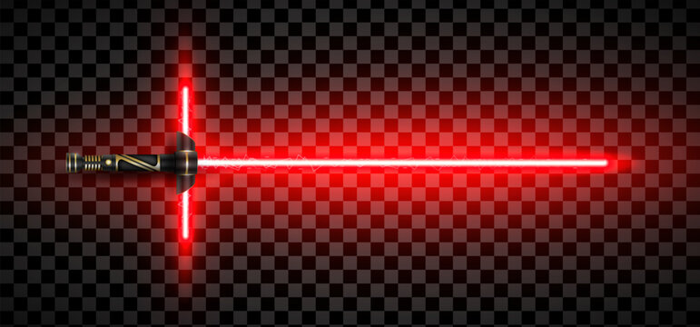 New realistic design red two handed neon sword isolated on dark transparent background. Close combat laser energy weapon. Vector illustration
