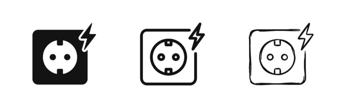 Electric power socket icons set with lightning bolt symbol in solid, outline and hand drawn sketch styles.