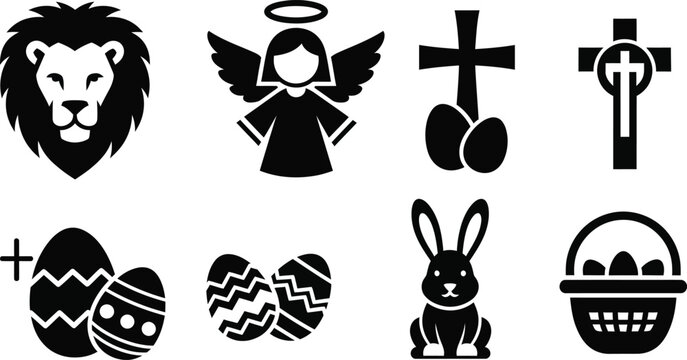 Collection of black depicting a lion, angel, crosses, easter eggs, rabbit, and basket head mane wings