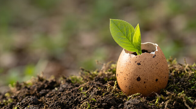 Concept of rebirth: a small eggshell with a green plant emerging on soil background