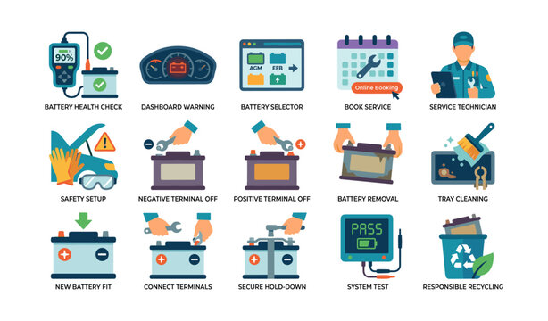 Car battery maintenance steps and service icons display