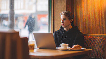 Obraz premium Person Working On Laptop In Cozy Cafe With Coffee And Pastry. Remote Work And Relaxation In Urban Setting