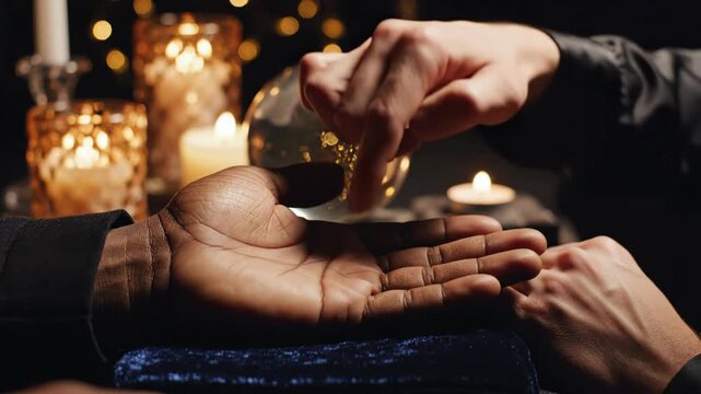 Fortune teller reading palm of a man by candlelight
