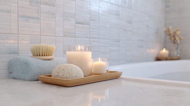 Spa-Inspired Bathroom With Candles And Bath Accessories. Relaxation And Self-Care Ambiance