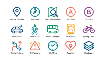 Fototapeta premium Navigation and transport icons arranged in grid with labels on white