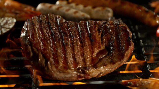 Slow Motion of Various BBQ Meat on a Grill with Roaring Flames . Camera Movement , Filmed on High Speed Cinematic Camera at 1000 FPS .