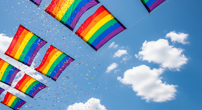 Rainbow flags wave against a blue sky with confetti, symbolizing pride, celebration, and inclusivity, perfect for event or community themes