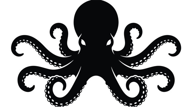 Black octopus silhouette with tentacles isolated on white background, sea creature icon, ocean animal symbol, marine life illustration