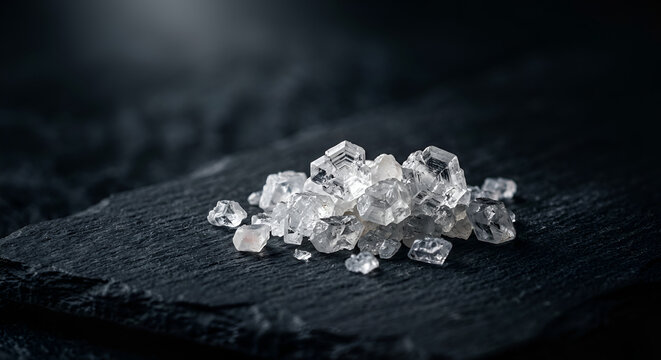 Close-up of Transparent Salt Crystals on Dark Wooden Surface for Culinary and Scientific Use