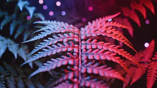Colorful ferns with red and blue light.