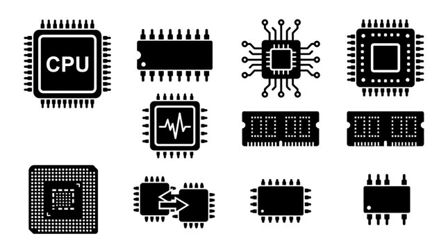 Set of electronic hardware components and computer processor icons.