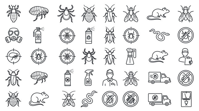Set of pest control and insect extermination icons.