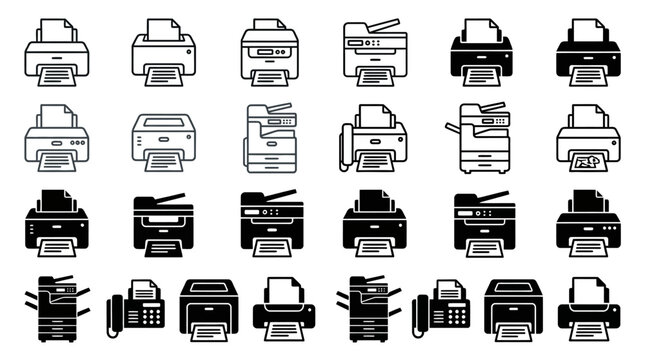 Set of office printer and scanner icons in outline and solid styles.