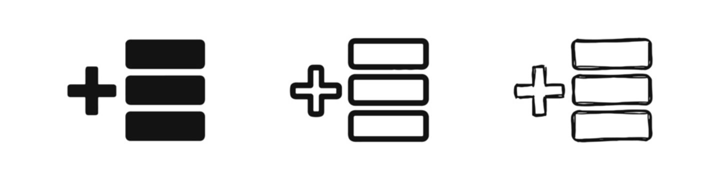 Add to List and Database Stack Icon Set with Plus Symbol