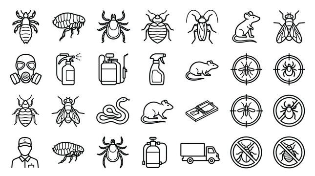 Set of pest control icons featuring insects rodents and equipment.