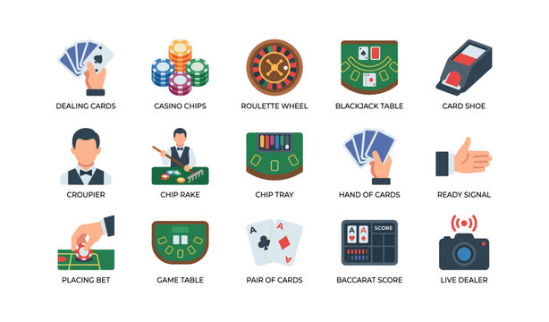 Casino gaming icons showing cards chips tables and dealers