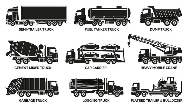 Set of silhouettes representing various heavy duty construction and industrial utility trucks.