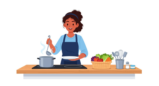 Woman cooking, chef apron, kitchen utensils, cooking pot, healthy food preparation, culinary art