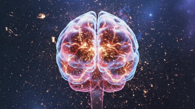 Glowing translucent human brain with colorful particle energy effects