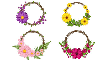 Obraz premium Floral Wreaths, Spring Wreath Set, 4 Seasonal Wreaths, Vector Flowers, Decorative Wreath Collection, Garden Wreaths, Colorful Floral Arrangements