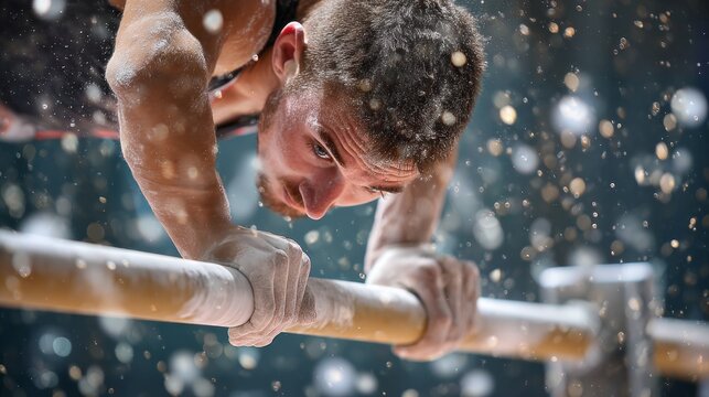Gymnast gripping parallel bars, showing intense concentration and effort during a demanding routine, with chalk dust flying