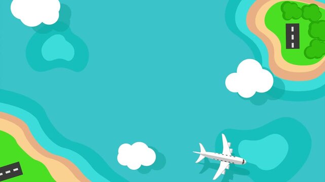 Plane flies to an island, a looping animation. Vacation background. Top view
