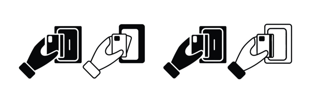 Adobe IllustratoHand inserting card icon set featuring payment and access control symbols for secure transactions banking terminals and authentication system designr Artwork