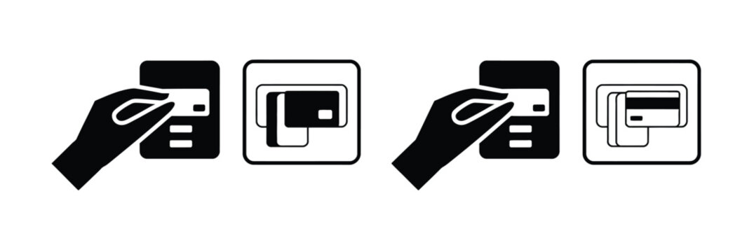 Card insert hand gesture icon set representing payment processing access control and security verification in modern vector UI design
