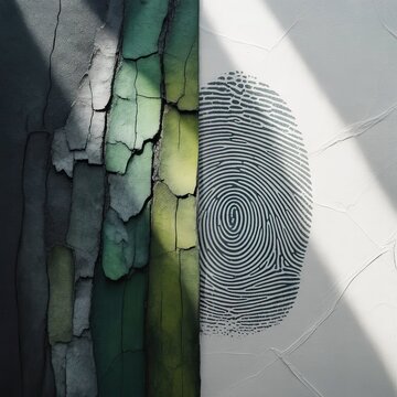 Conceptual split composition featuring textured green and grey tree bark on the left and a detailed black fingerprint on a clean white surface on the right