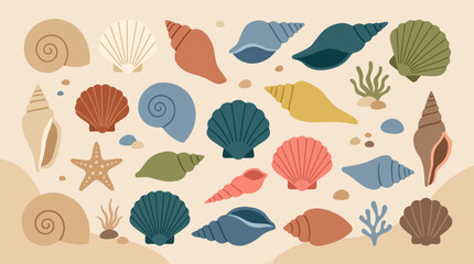 Colorful illustration of various seashells and sea creatures on a sandy beach. © Abhinaya Project