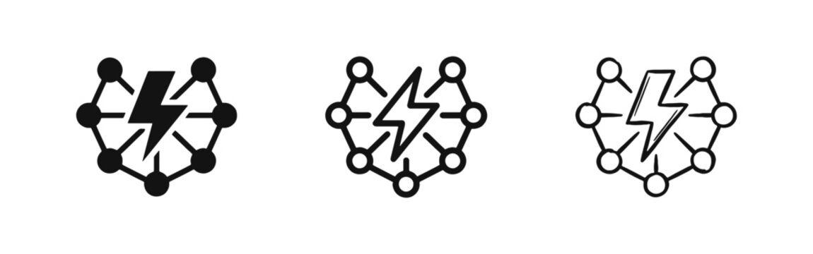 Lightning Bolt and Network Nodes Icons, Smart Grid, Energy System and Power Distribution Concept Set
