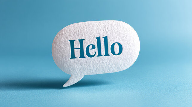 Paper speech bubble displaying hello on blue textured background