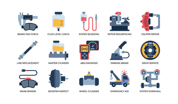 Automotive brake system icons showing checks and repair services