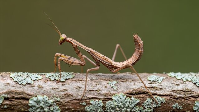 Animal - Brown Praying Mantis Perched on Lichen Covered Branch in Natural Outdoor Setting Close Up