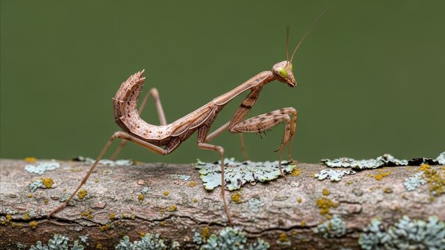 Animal - Brown Praying Mantis Perched on Lichen Covered Tree Branch Against Green Background Macro