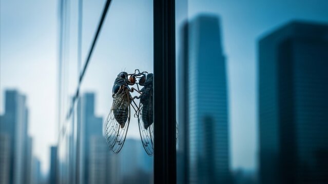 Animal - Cicada Clinging to Glass Window of Urban Skyscraper Building with City Skyline Reflection