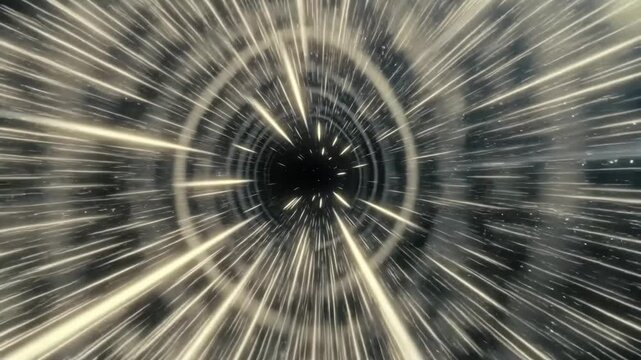 Dynamic starfield tunnel with streaking lights in cinematic style on dark cosmic background, symbolizing extreme speed