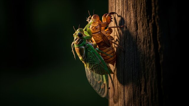 Animal - Cicada Molting Emerging from Brown Exoskeleton on Tree Bark in Golden Backlight Macro