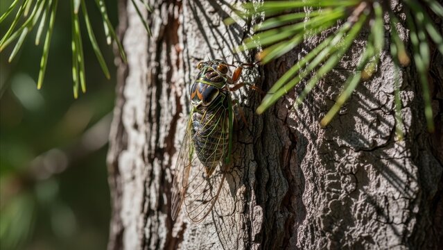 Animal - Colorful Cicada Clinging to Rough Pine Tree Bark in Sunlit Forest with Green Needle