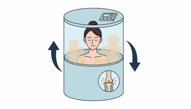 Cryotherapy chamber, cold therapy pod, ice bath tub, woman in cryosauna, wellness recovery