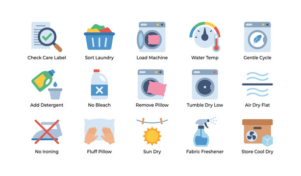 Laundry care icons showing washing instructions and drying